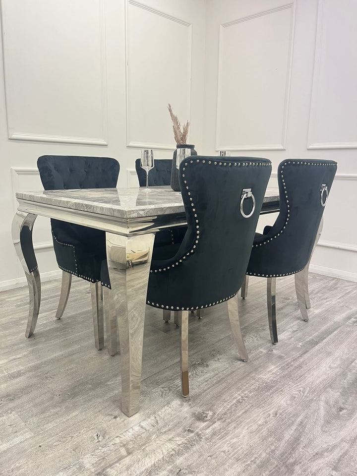 Louis Marble & Chrome Dining Table With Megan Chrome Ring Knocker Velvet Chairs - Belmont Interiors