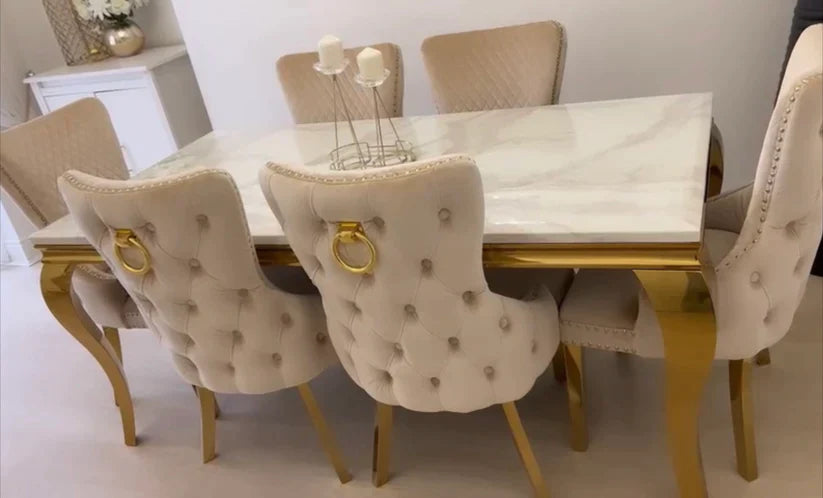 Louis Gold & White Marble Dining Table With Cream & Gold Ring Knocker Dining Chairs - Belmont Interiors