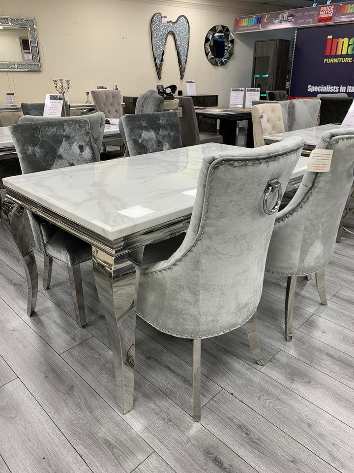 Louis 150cm White Marble Dining Table + Belle Plush Velvet Chairs - Belmont Interiors