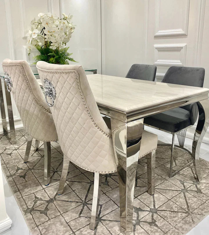 Louis Cream Marble Dining Table + Lion Knocker Quilted Dining Chairs - Belmont Interiors