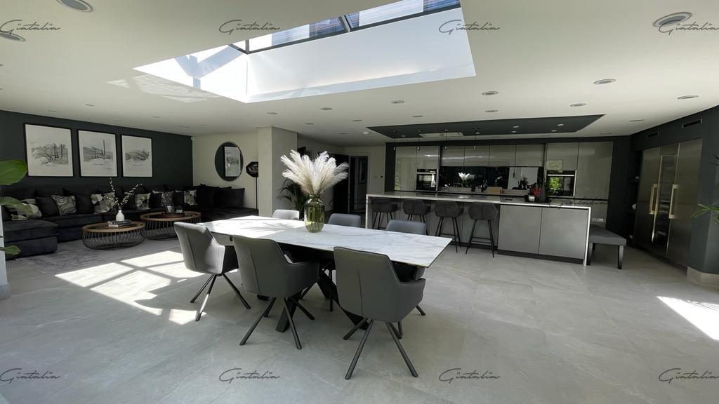 Phoenix 160-240cm White Ceramic Marble Extending Table + Grey Velvet Swivel Dining Chairs - Belmont Interiors