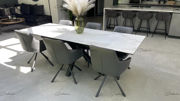 Phoenix 160-240cm White Ceramic Marble Extending Table + Grey Velvet Swivel Dining Chairs - Belmont Interiors