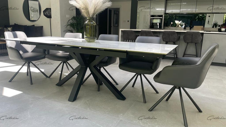 Phoenix 160-240cm White Ceramic Marble Extending Table + Grey Velvet Swivel Dining Chairs - Belmont Interiors