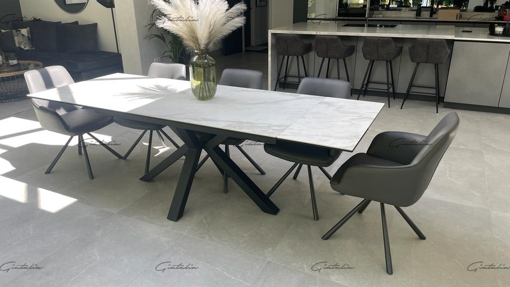 Phoenix 160-240cm White Ceramic Marble Extending Table + Grey Velvet Swivel Dining Chairs - Belmont Interiors