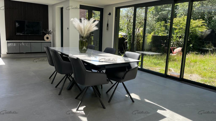 Phoenix 160-240cm White Ceramic Marble Extending Table + Grey Velvet Swivel Dining Chairs - Belmont Interiors