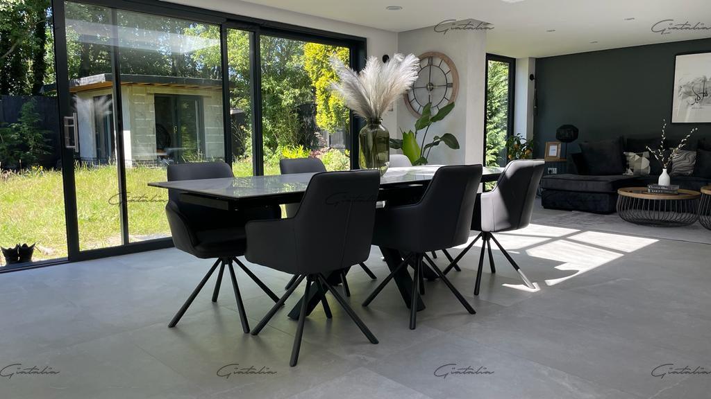 Phoenix 160-240cm White Ceramic Marble Extending Table + Grey Velvet Swivel Dining Chairs - Belmont Interiors