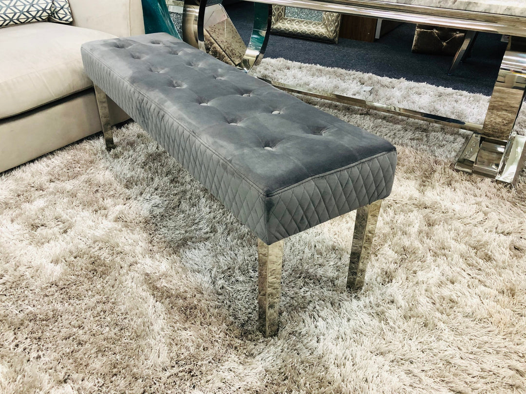 Majestic Grey Quilted Plush Velvet 140cm Bench - Belmont Interiors