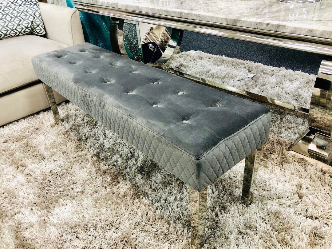 Majestic Grey Quilted Plush Velvet 140cm Bench - Belmont Interiors