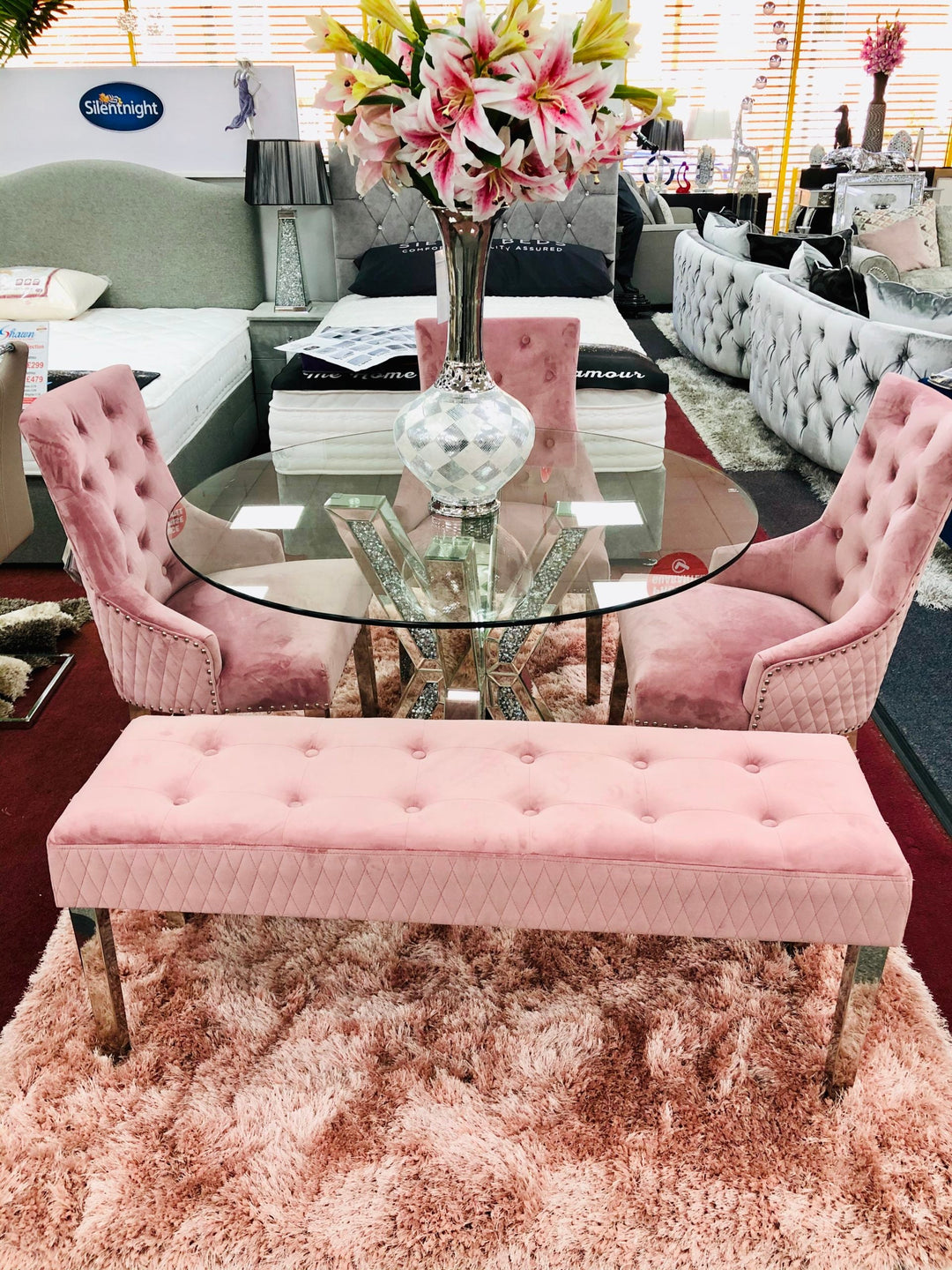 Majestic Pink Quilted Plush Velvet 140cm Bench - Belmont Interiors