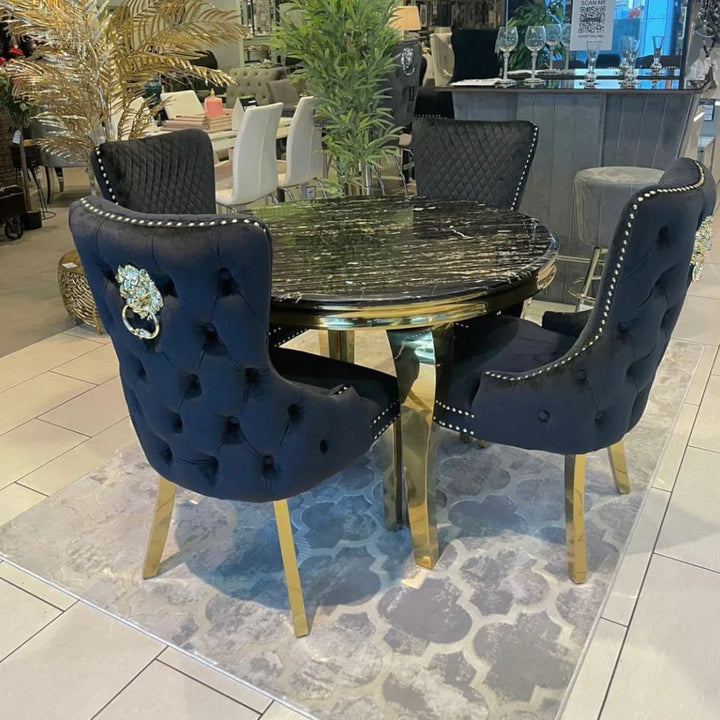 Louis Gold Round Black Marble 110cm Dining Table + Black Gold Lion Knocker Velvet Dining Chairs - Belmont Interiors