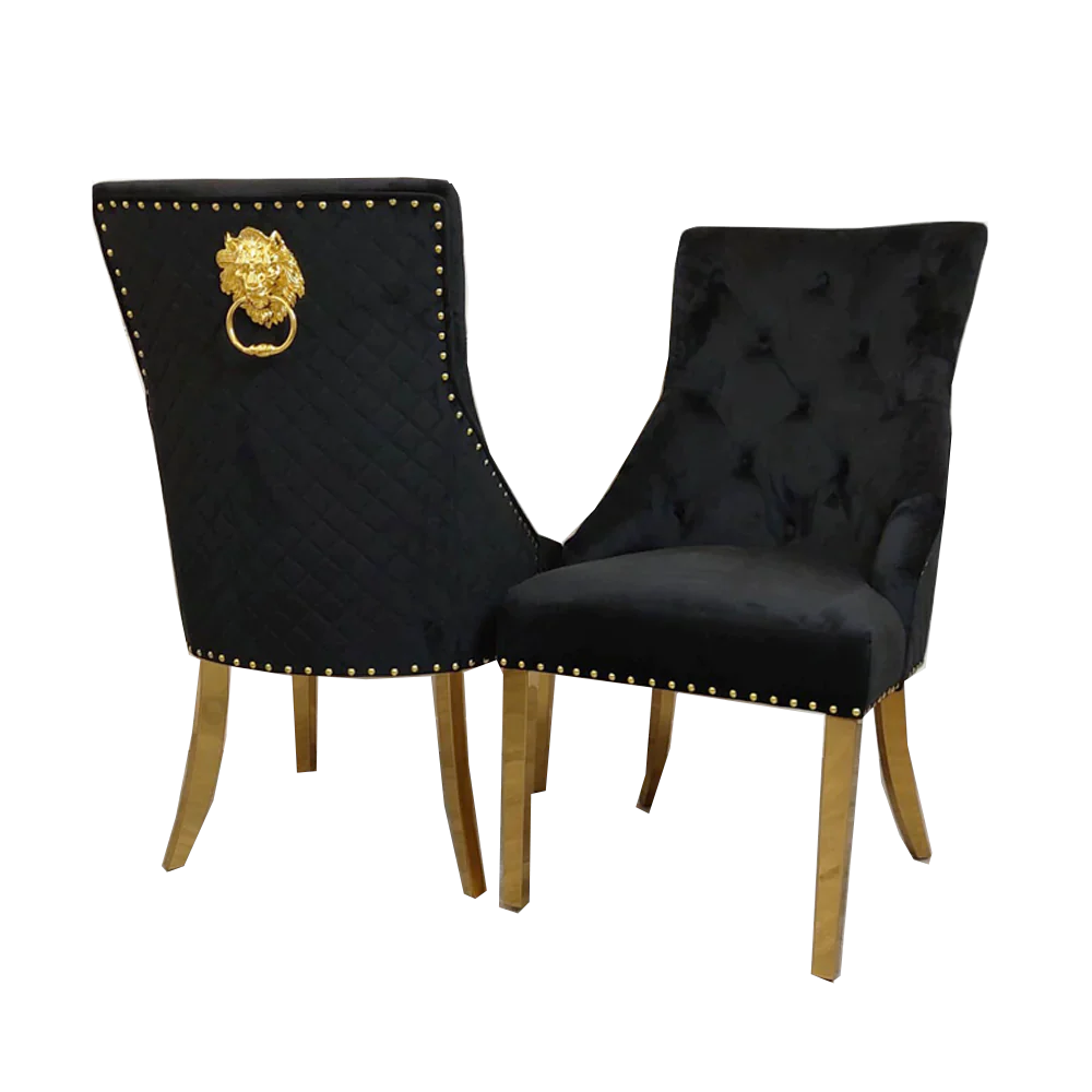 Louis Black/Gold Marble Dining Table With Gold Lion Knocker Velvet Chairs-Dining Table & Chairs Set-Cuthwells-Belmont Interiors