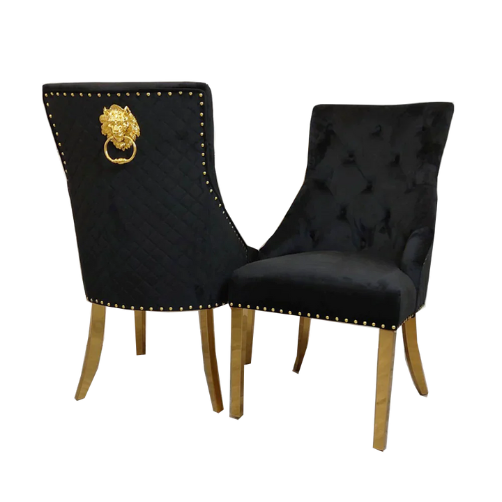 Louis Black/Gold Marble Dining Table With Gold Lion Knocker Velvet Chairs-Dining Table & Chairs Set-Cuthwells-Belmont Interiors