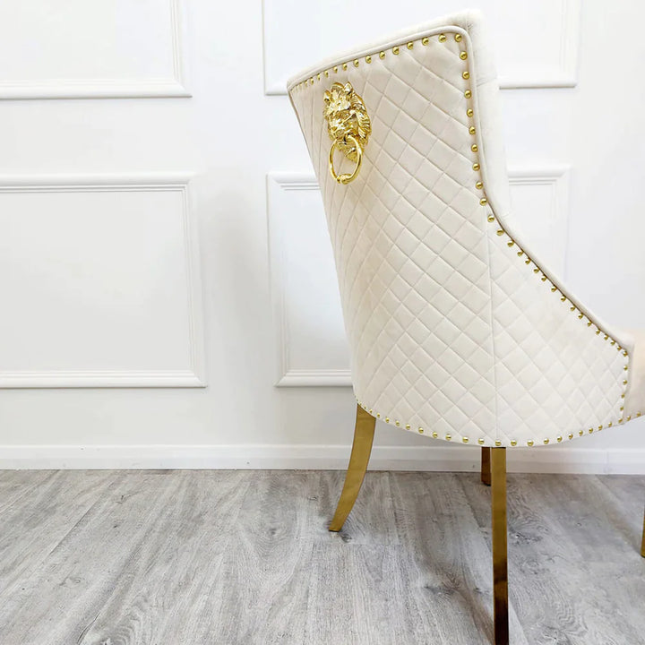 Louis Black/Gold Marble Dining Table With Gold Lion Knocker Velvet Chairs-Dining Table & Chairs Set-Cuthwells-Belmont Interiors