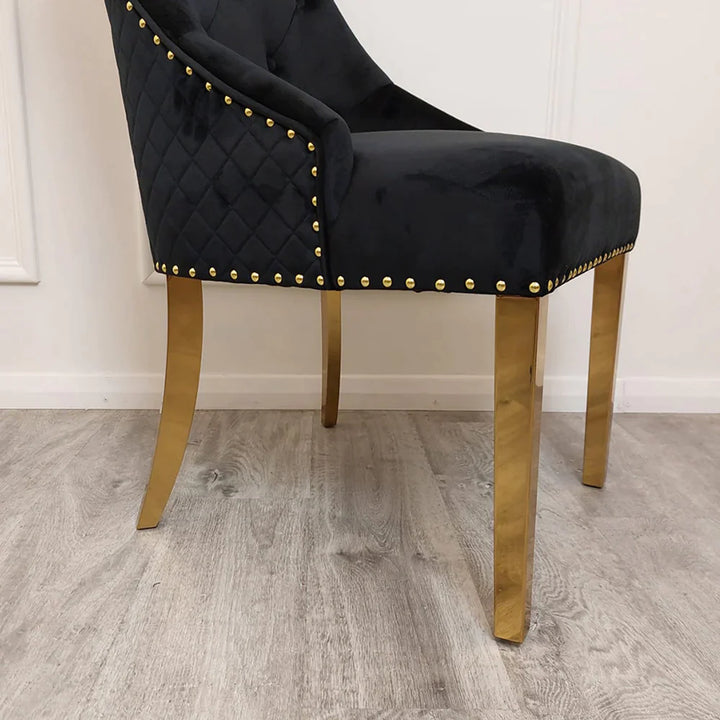 Louis Black/Gold Marble Dining Table With Gold Lion Knocker Velvet Chairs-Dining Table & Chairs Set-Cuthwells-Belmont Interiors