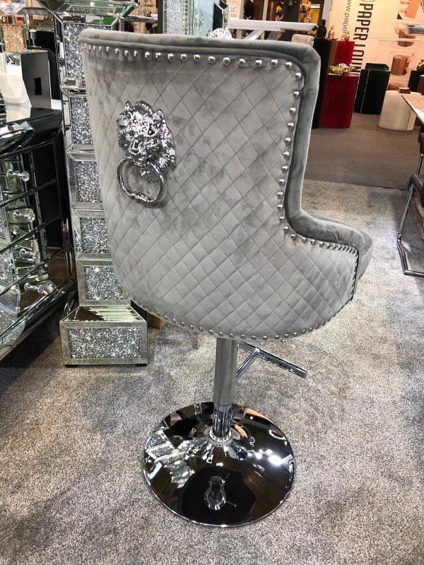 Majestic Grey Brushed Velvet Bar Stool With Lion Knocker - Belmont Interiors