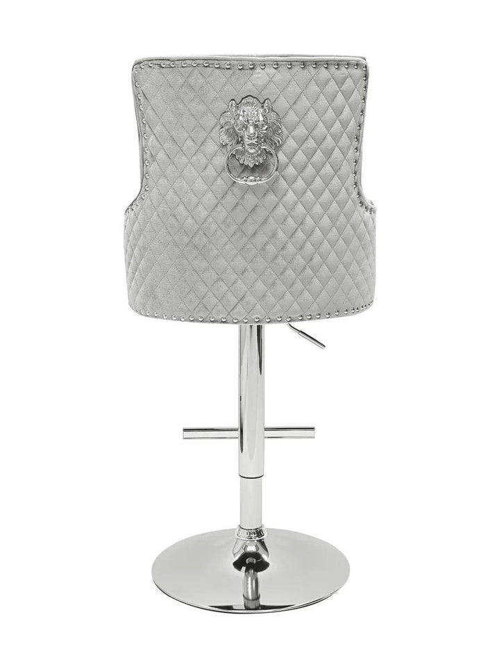 Majestic HQ Silver Brushed Velvet Bar Stool With Lion Knocker - Belmont Interiors