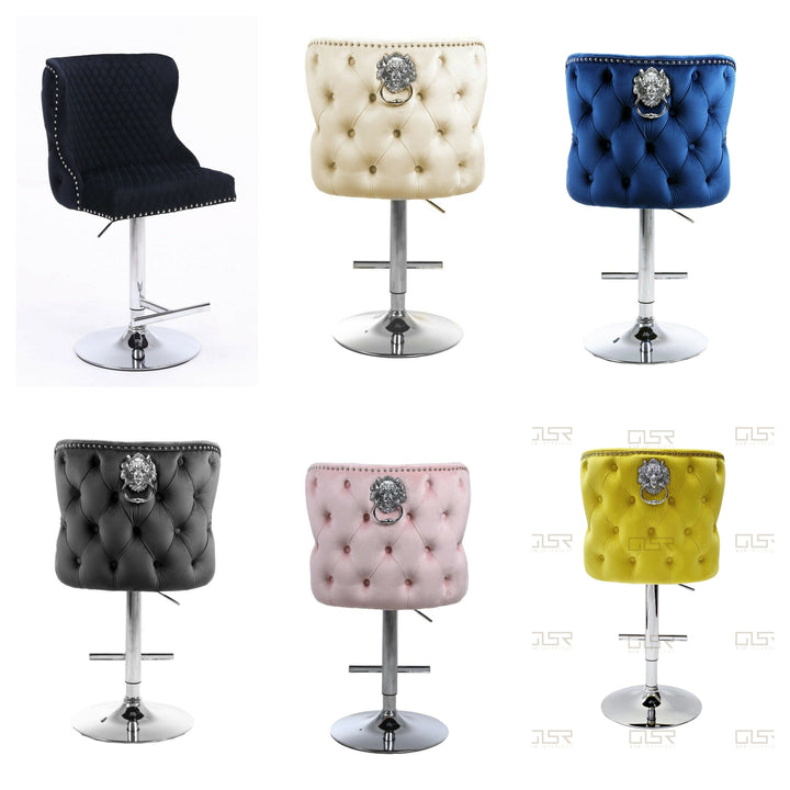 Valentino Lion Knocker Quilted Tufted Plush Velvet Bar Stools - Belmont Interiors