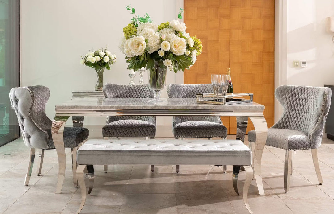 Louis Marble & Chrome Dining Table With Valente Lion Knocker Velvet Chairs & Bench - Belmont Interiors