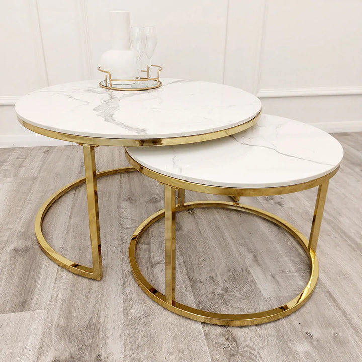 Cato Nest of 2 Short Round Coffee Gold Tables with Polar White Sintered Stone Tops-Sofa & Side Tables-ASR-Belmont Interiors