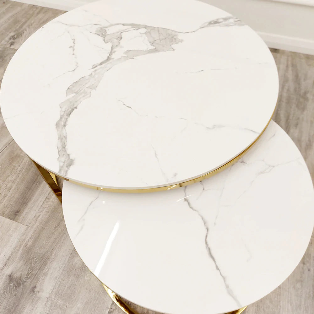Cato Nest of 2 Short Round Coffee Gold Tables with Polar White Sintered Stone Tops-Sofa & Side Tables-ASR-Belmont Interiors