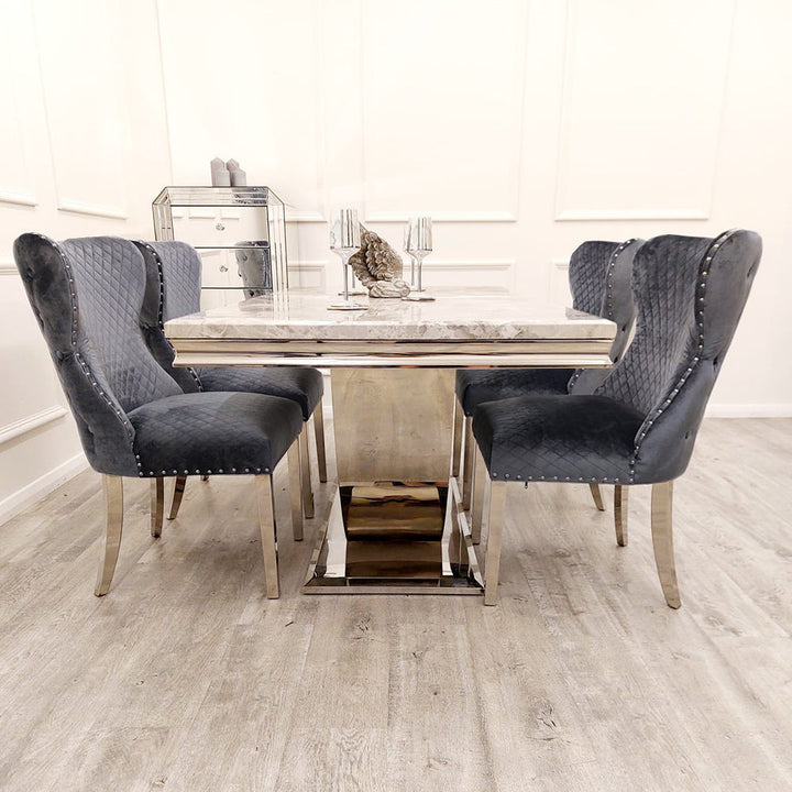 Arial 180cm Grey Marble Dining Table + Valentino Button Back Lion Knocker Velvet Chairs - Belmont Interiors