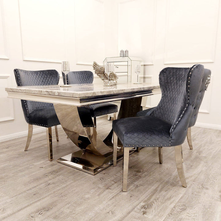 Arial 180cm Grey Marble Dining Table + Valentino Button Back Lion Knocker Velvet Chairs - Belmont Interiors