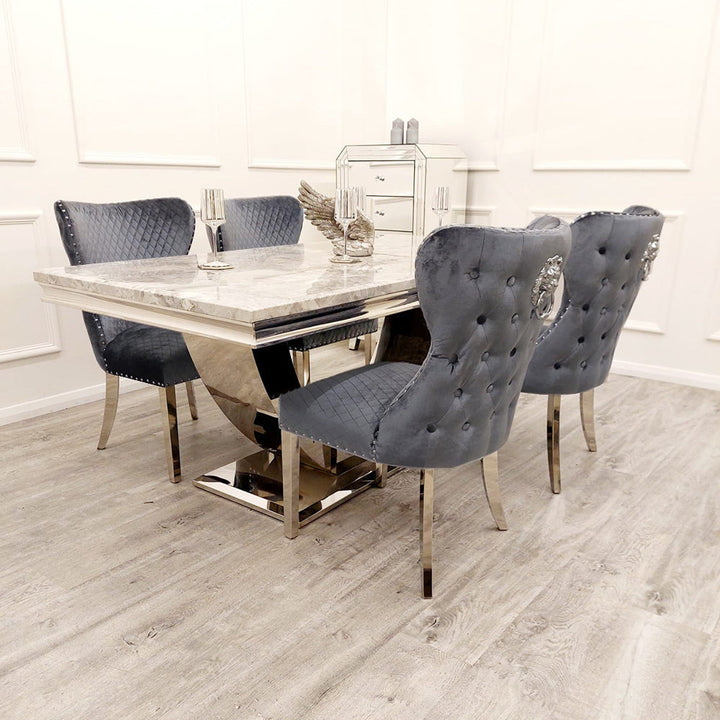 Arial 180cm Grey Marble Dining Table + Valentino Button Back Lion Knocker Velvet Chairs - Belmont Interiors