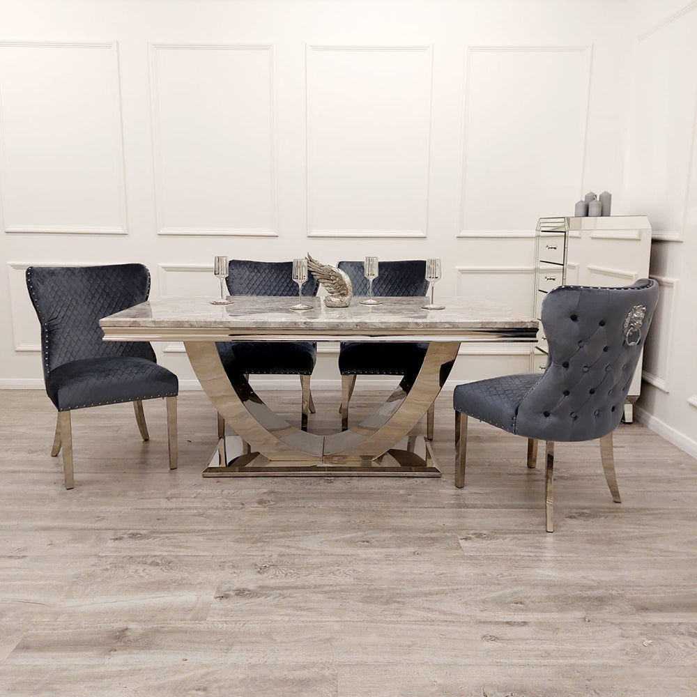 Arial 150cm Grey Marble Dining Table + Valentino Button Back Lion Knocker Velvet Chairs - Belmont Interiors