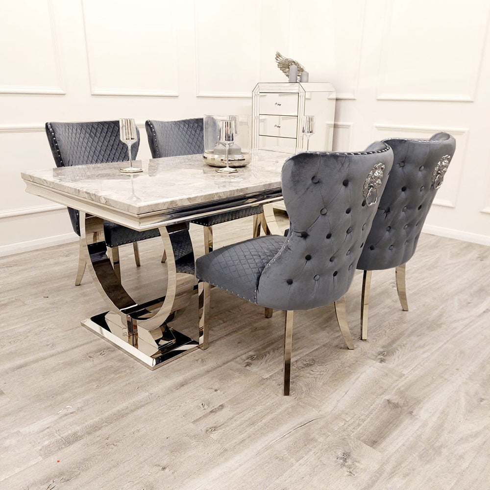 Arianna 150cm Grey Marble Dining Table + Valentino Button Back Lion Knocker Velvet Chairs - Belmont Interiors