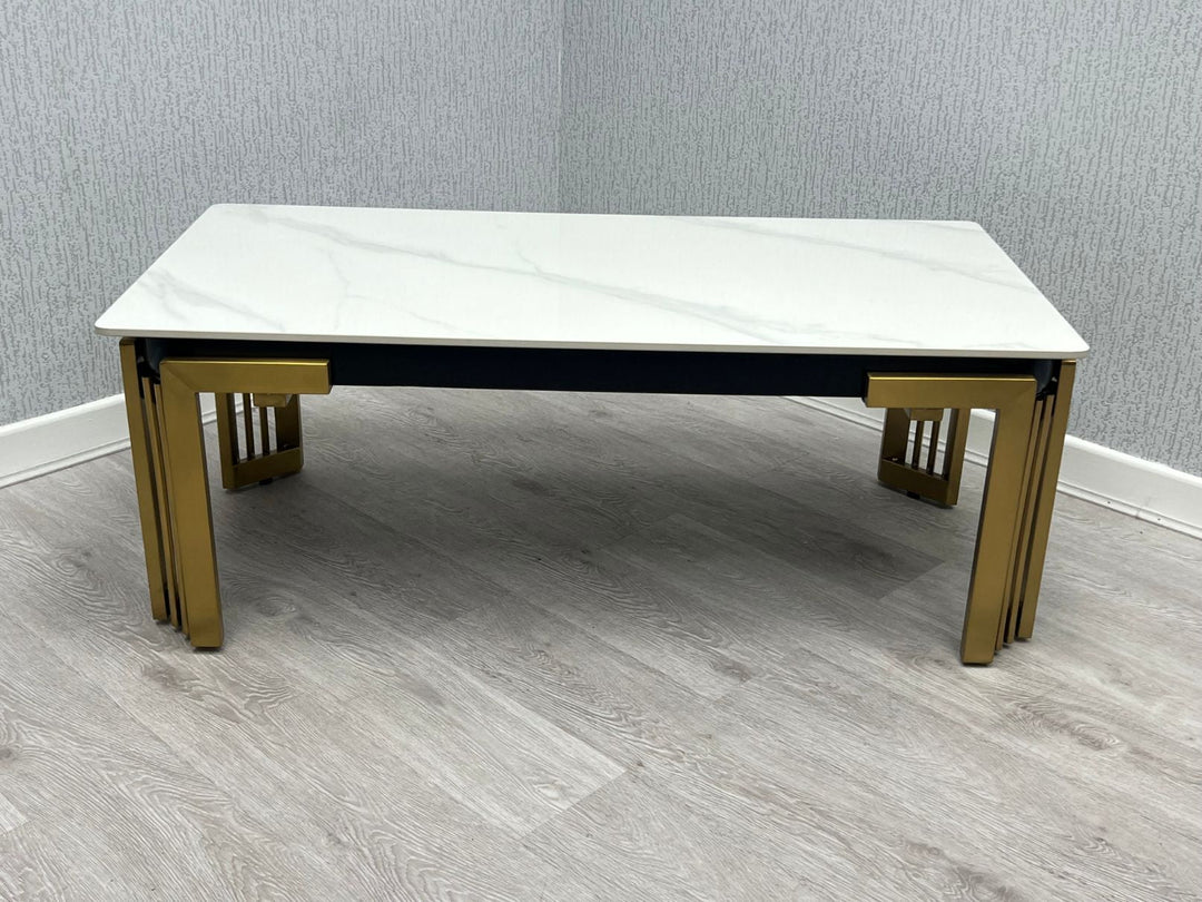 Sorrento 150cm Gold Dining Table with White Ceramic Marble Top + Cream/Gold Ring Knocker Velvet Chairs - Belmont Interiors