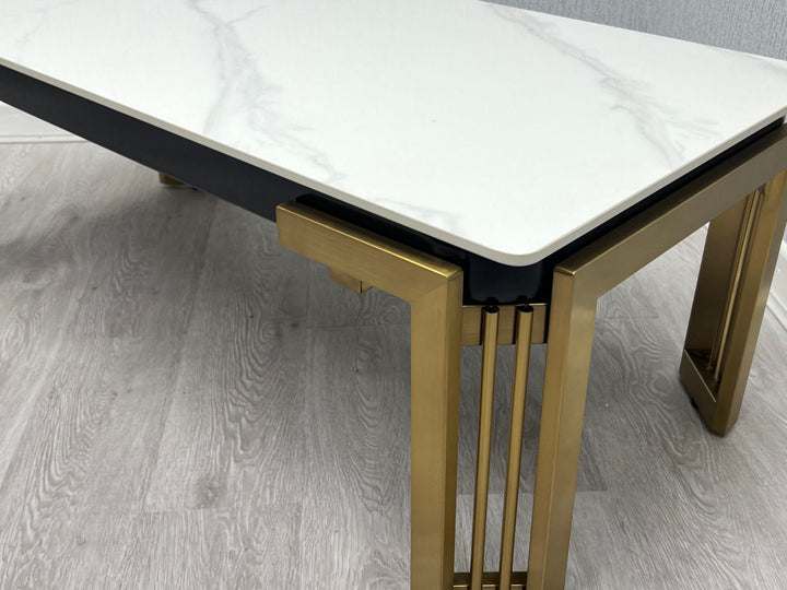 Sorrento 150cm Gold Dining Table with White Ceramic Marble Top + Cream/Gold Ring Knocker Velvet Chairs - Belmont Interiors