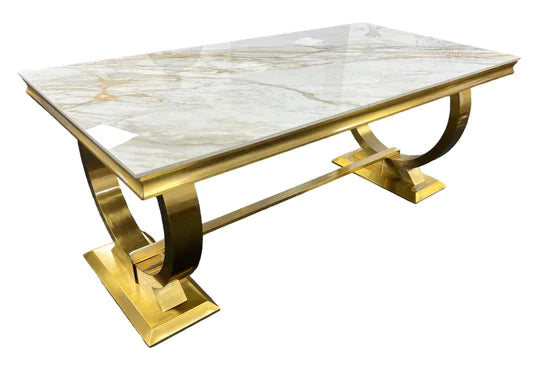 Arianna 180CM Gold Marble Dining Table + Gold Lion Knocker Dining Chairs - Belmont Interiors