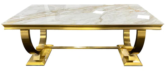 Arianna 180CM Gold Marble Dining Table + Gold Lion Knocker Dining Chairs - Belmont Interiors