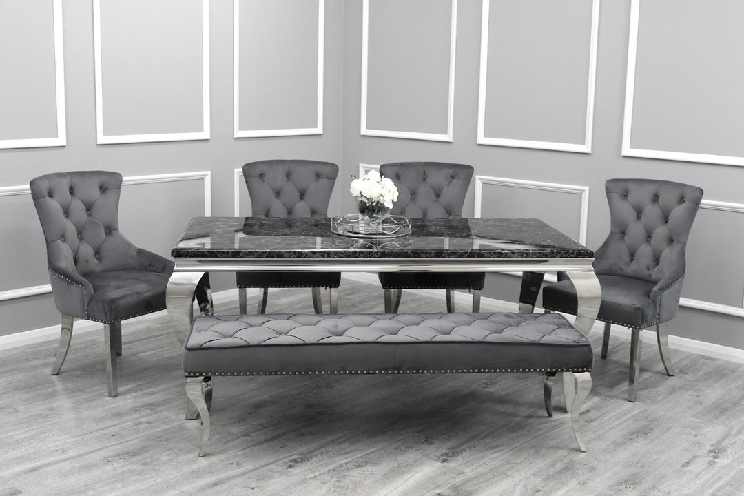 Louis Black Marble 180CM Dining Table + Grey Lion Chairs, 160cm Bench Option - Belmont Interiors