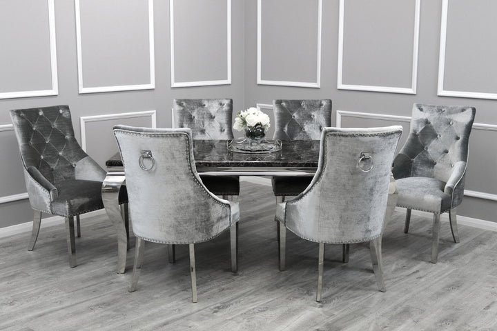 Louis 160cm Black Marble Dining Table + Belle Knocker Plush Velvet Chairs - Belmont Interiors