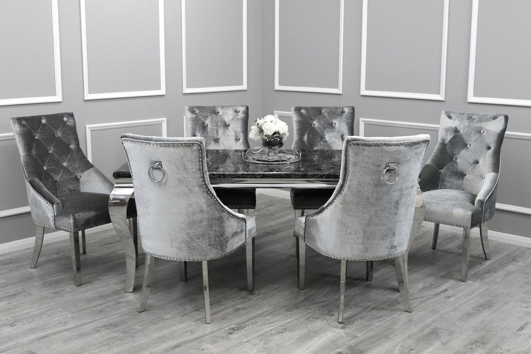 Louis 150cm Black Marble Dining Table + Belle Knocker Plush Velvet Chairs - Belmont Interiors