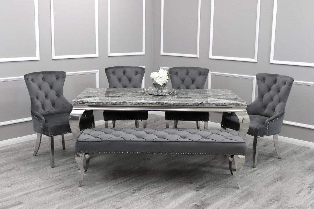 Louis Grey Marble 160CM Dining Table + Grey Lion Chairs, 140cm Bench Option - Belmont Interiors