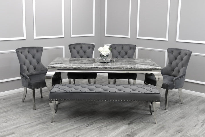 Louis Grey Marble 180CM Dining Table + Grey Lion Chairs + Bench Option - Belmont Interiors