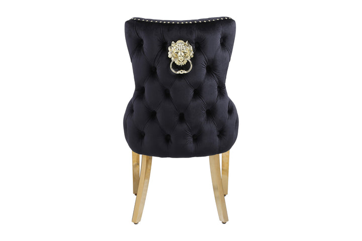 Louis Gold Round Black Marble 110cm Dining Table + Black Gold Lion Knocker Velvet Dining Chairs - Belmont Interiors