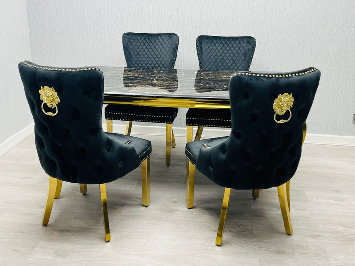 Louis Gold Black Marble Dining Table With Shimmer Black / Gold Lion Knocker Dining Chairs - Belmont Interiors