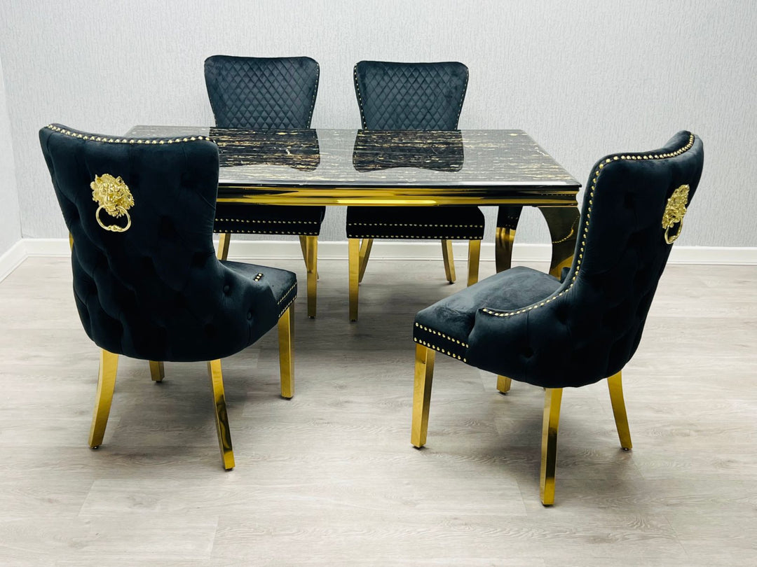 Louis Gold Black Marble Dining Table With Shimmer Black / Gold Lion Knocker Dining Chairs - Belmont Interiors