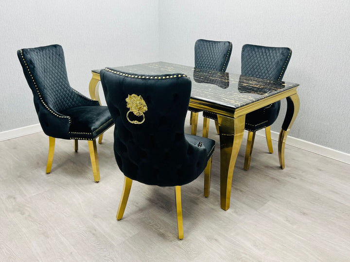 Louis Gold Black Marble Dining Table With Shimmer Black / Gold Lion Knocker Dining Chairs - Belmont Interiors