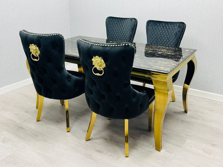 Louis Gold Black Marble Dining Table With Shimmer Black / Gold Lion Knocker Dining Chairs - Belmont Interiors