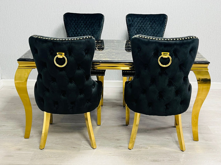 Louis Gold Black Marble Dining Table With Shimmer Black / Gold Ring Knocker Dining Chairs - Belmont Interiors