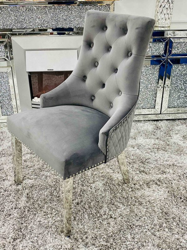 Majestic Lion Knocker Quilted Tufted Plush Velvet Dining Chair Chrome Legs - 10 Colours - Belmont Interiors