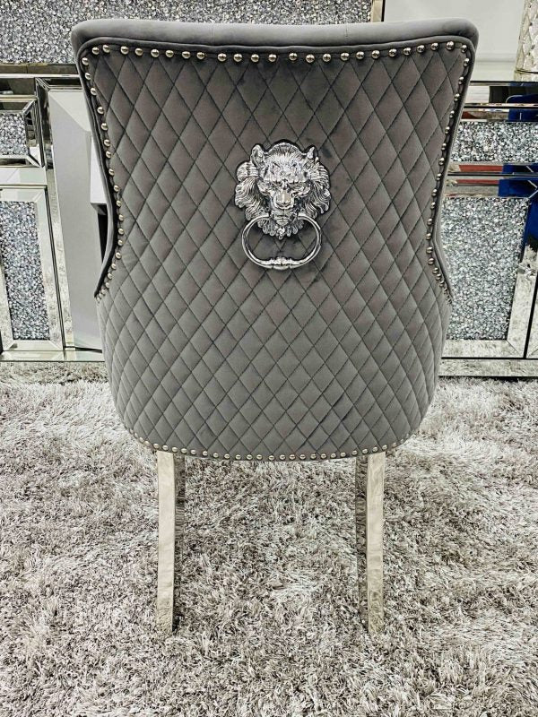 Majestic Lion Knocker Quilted Tufted Plush Velvet Dining Chair Chrome Legs - 10 Colours - Belmont Interiors