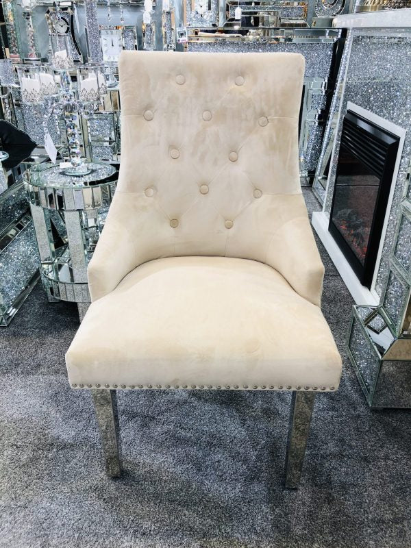 Majestic Lion Knocker Quilted Tufted Plush Velvet Dining Chair Chrome Legs - 10 Colours - Belmont Interiors