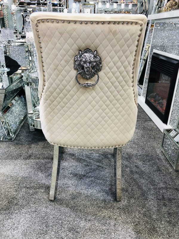 Majestic Lion Knocker Quilted Tufted Plush Velvet Dining Chair Chrome Legs - 10 Colours - Belmont Interiors