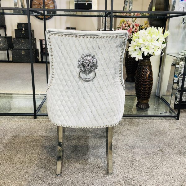 Majestic Lion Knocker Quilted Tufted Plush Velvet Dining Chair Chrome Legs - 10 Colours - Belmont Interiors