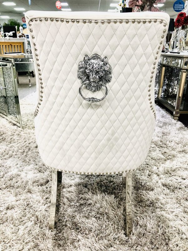 Majestic Lion Knocker Quilted Tufted Plush Velvet Dining Chair Chrome Legs - 10 Colours - Belmont Interiors